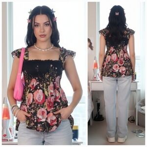 Guess Jeans S Y2K Barbiecore Fairycore Whimsigoth Boho Smock Back Silk Top